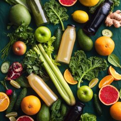 Fresh fruit and vegetable smoothies or juice in bottles with var Fresh fruit and vegetable detox smoothies or juice in bottles with various ingredients around, high angle view